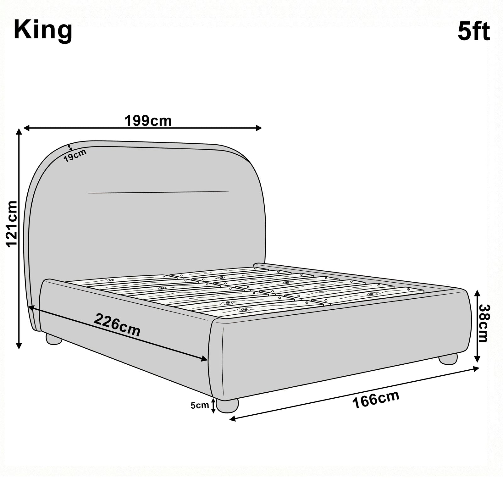 [Grey | King] Technical size guide with front and side profile illustrating 5ft bed frame at 166cm wide by 226cm long