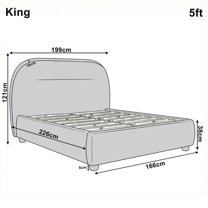 [Grey | King] Technical size guide with front and side profile illustrating 5ft bed frame at 166cm wide by 226cm long