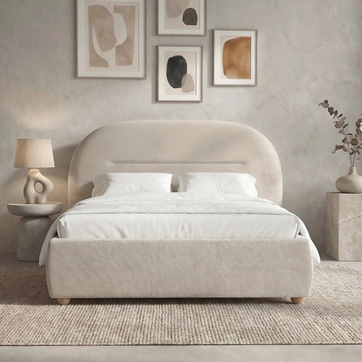 [Beige | King] Arch headboard bed frame with white bedding positioned against textured wall and five wall art pieces