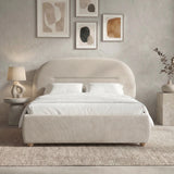 [Beige | King] Arch headboard bed frame with white bedding positioned against textured wall and five wall art pieces