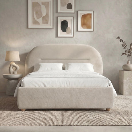 [Beige | King] Arch headboard bed frame with white bedding positioned against textured wall and five wall art pieces
