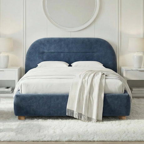 [Blue | Double] Arch headboard bed frame dressed with white bedding below large circular mirror on panelled accent wall