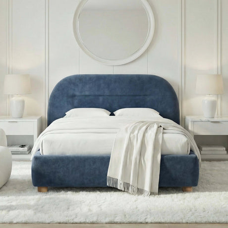 [Blue | King] Arch headboard bed frame dressed with white bedding below large circular mirror on panelled accent wall