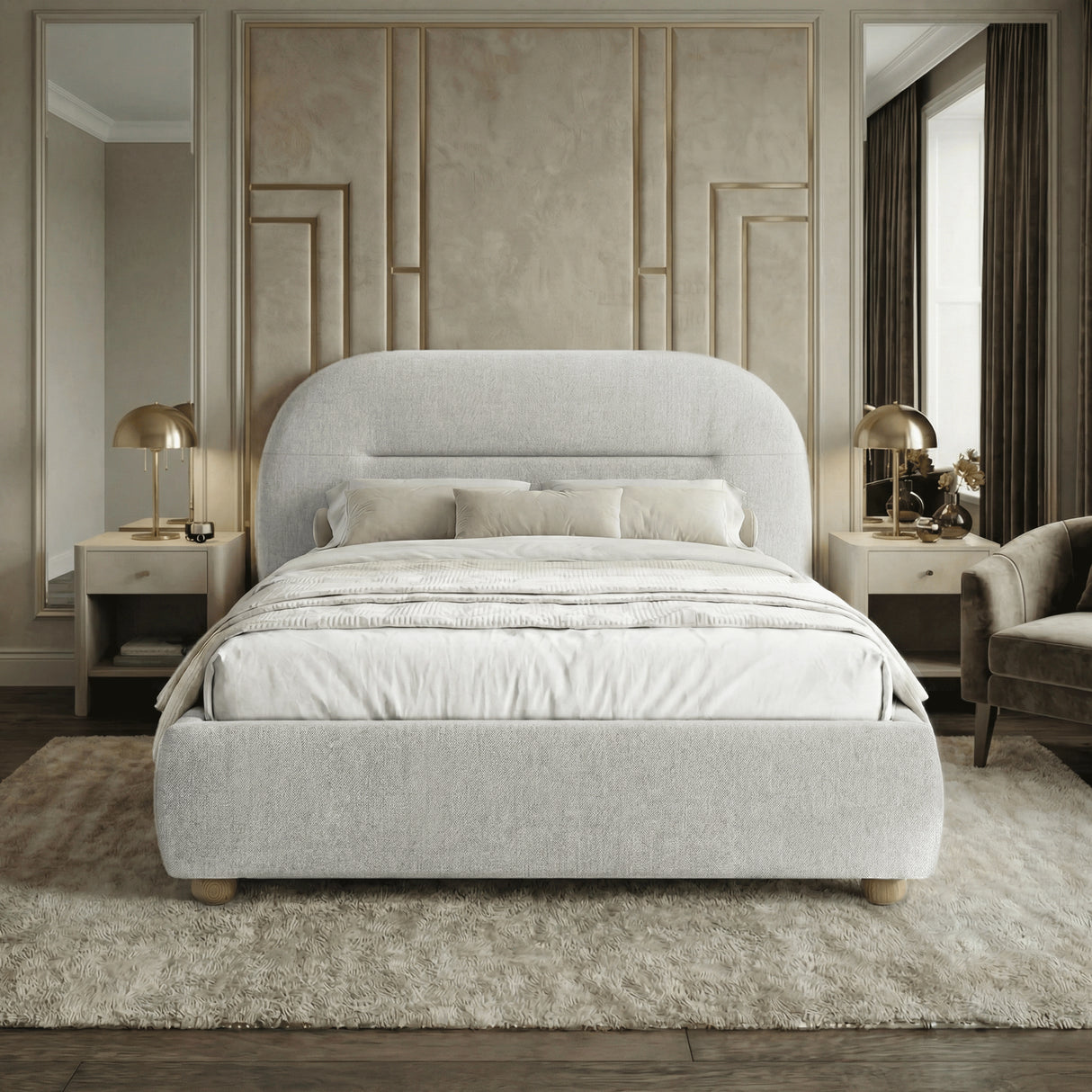 [Grey | King] Arch headboard bed frame dressed with white and neutral bedding on deep rug below decorative wall panelling