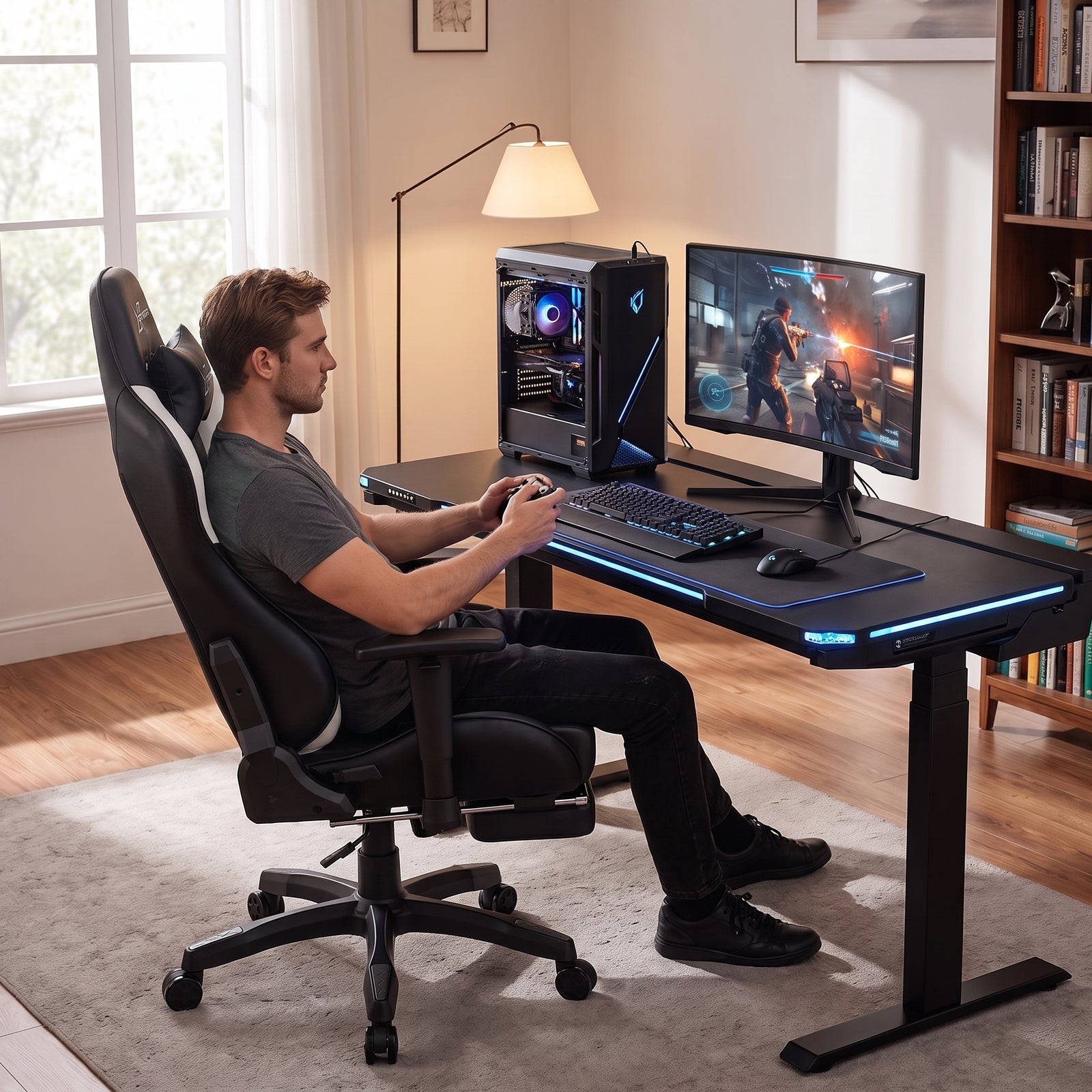 [Black + White] Side view of a man playing video games while seated in the Ergonomic Gaming Chair.