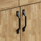 [Mango Wood Effect] Ironmere handle detail showing two black pulls on closed doors, drawer edge, and natural grain pattern.