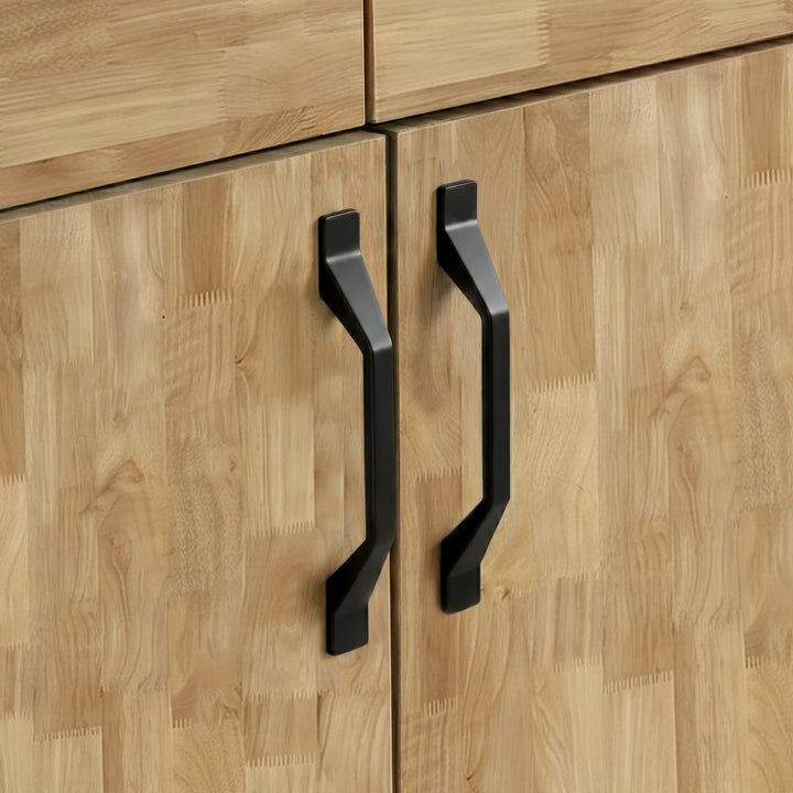 [Mango Wood Effect] Ironmere handle detail showing two black pulls on closed doors, drawer edge, and natural grain pattern.