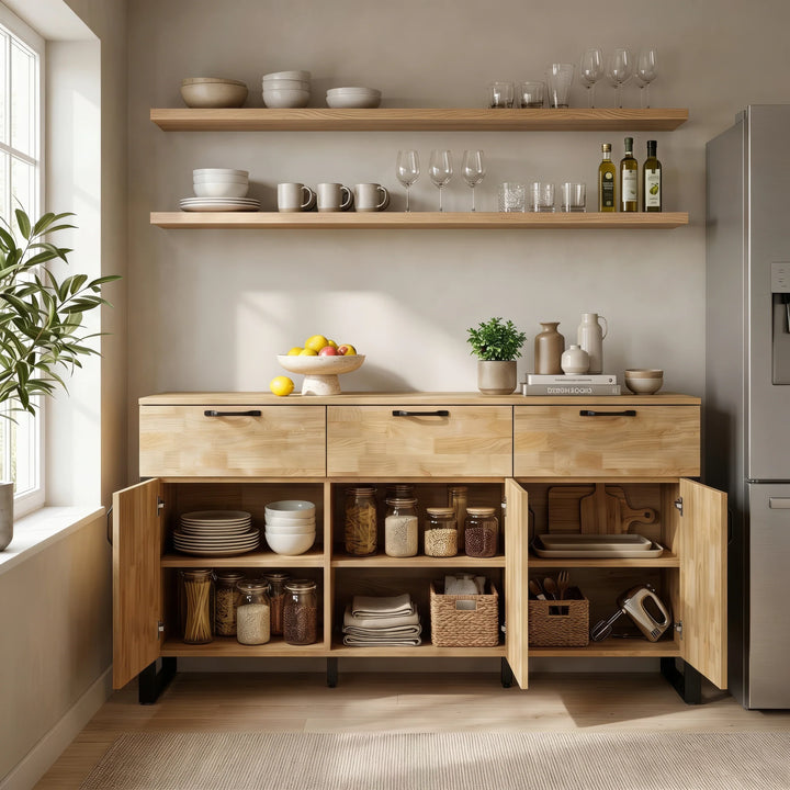 [Mango Wood Effect] Ironmere dining storage view with open doors, shelves of crockery, jars, bottles, and fruit bowl.