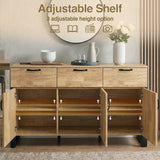 [Mango Wood Effect] Ironmere sideboard with doors open showing six inner shelves, three drawers, black handles, and decor.