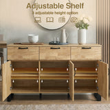 [Mango Wood Effect] Ironmere sideboard with doors open showing six inner shelves, three drawers, black handles, and decor.