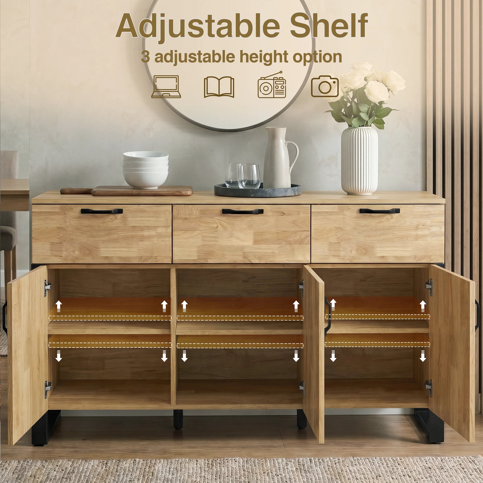 [Mango Wood Effect] Ironmere sideboard with doors open showing six inner shelves, three drawers, black handles, and decor.