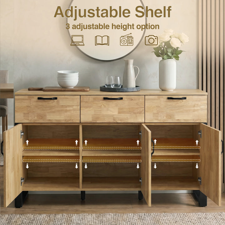 [Mango Wood Effect] Ironmere sideboard with doors open showing six inner shelves, three drawers, black handles, and decor.