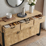 [Mango Wood Effect] Ironmere sideboard angled top view with three drawers open, plates, bowls, cutlery trays, and decor.