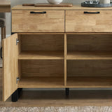 [Mango Wood Effect] Ironmere sideboard close-up showing open shelves, drawer fronts, black legs, and visible door hinge.