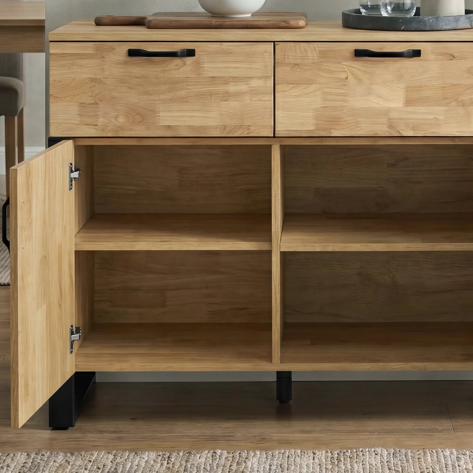 [Mango Wood Effect] Ironmere sideboard close-up showing open shelves, drawer fronts, black legs, and visible door hinge.