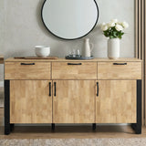 [Mango Wood Effect] Ironmere sideboard front view with closed drawers and doors, round mirror, vase, bowls, and wall slats.