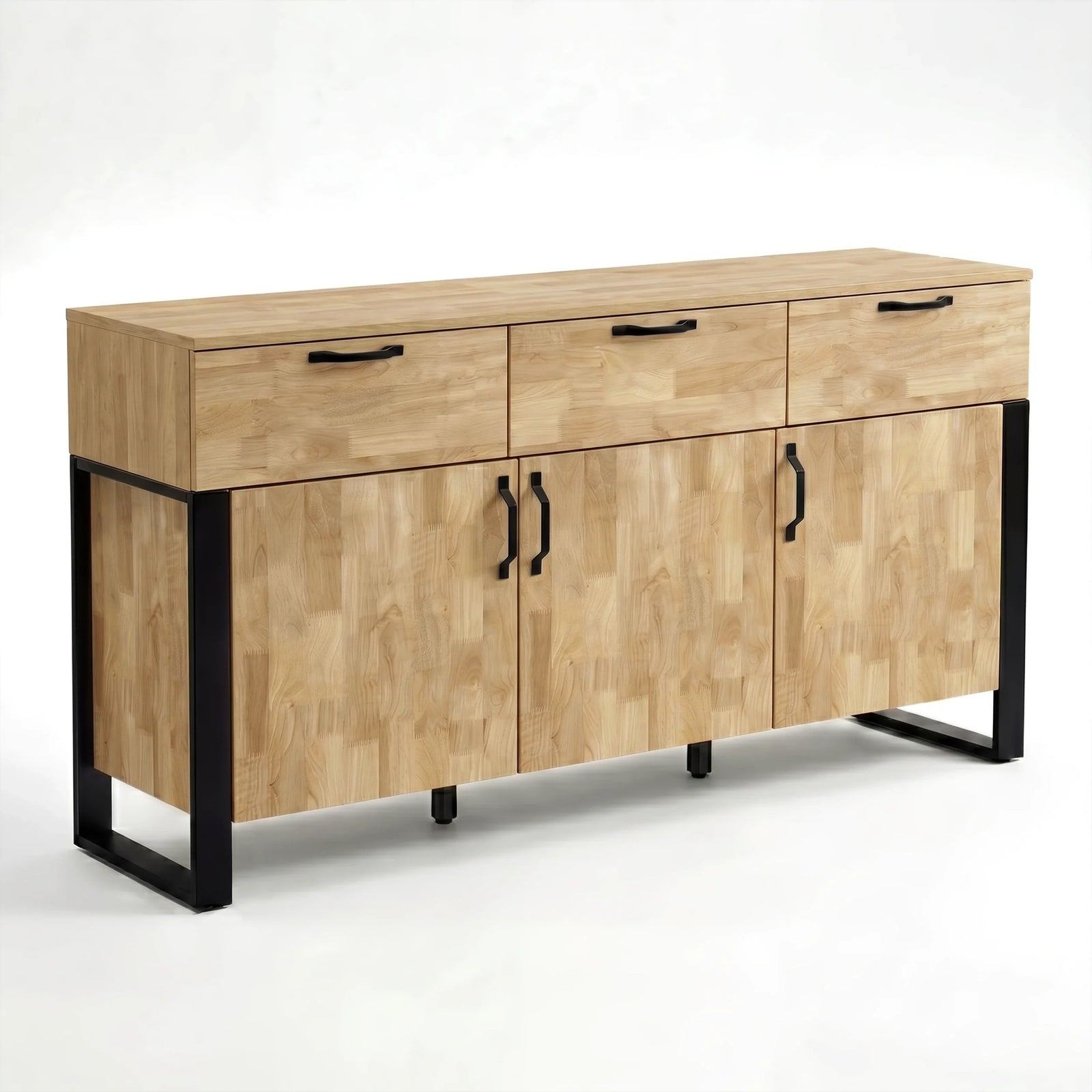 [Mango Wood Effect] Ironmere studio angled front view with closed drawers, doors, black legs, and plain background.