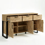 [Mango Wood Effect] Ironmere studio open storage view with drawers pulled out, doors open, shelves, and black legs.