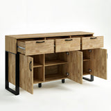[Mango Wood Effect] Ironmere studio open storage view with drawers pulled out, doors open, shelves, and black legs.