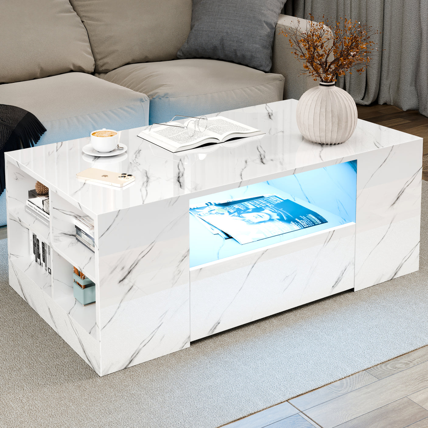 High Gloss Coffee Table With Storage & LED Lights