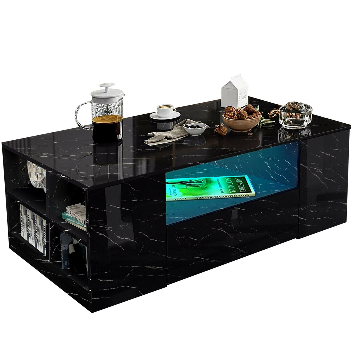 Stylish black marble coffee table with LED lighting, open storage compartments, and a modern design