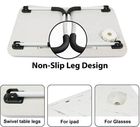 Foldable marble table white with non-slip legs, tablet slot, and cup holder design.