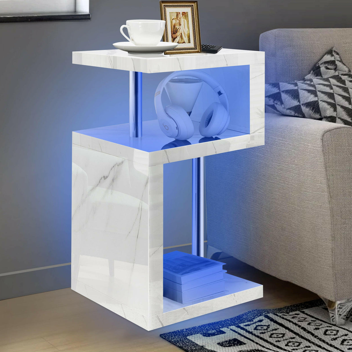 White marble top side table for living room, featuring RGB LED light for a modern touch.