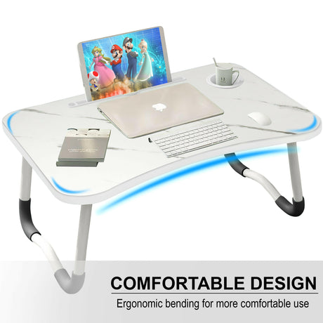 Ergonomic marble white table with laptop, tablet, and cup slots, ideal for comfortable use.