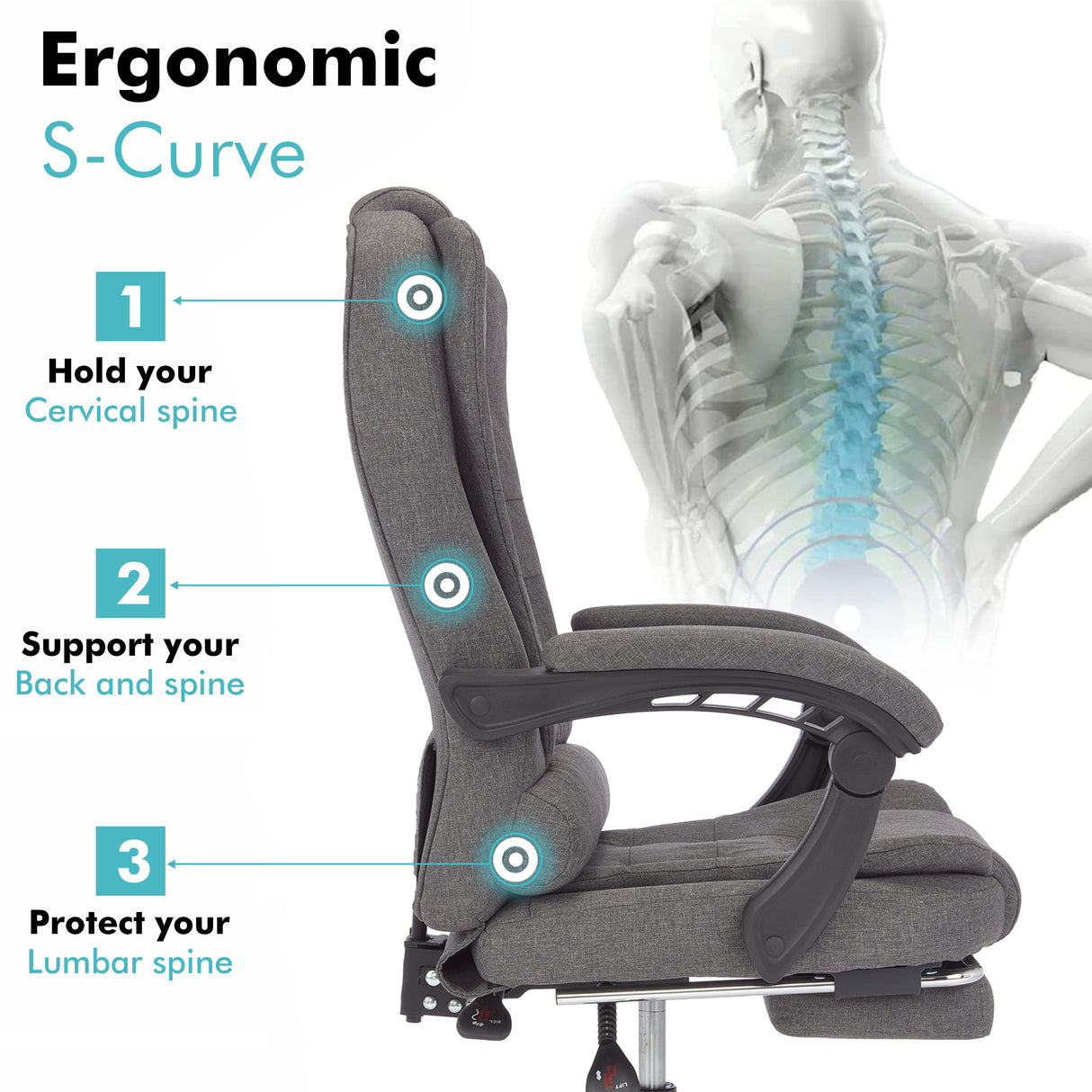 Massage and heat office chair with ergonomic S-curve design to support your cervical spine.