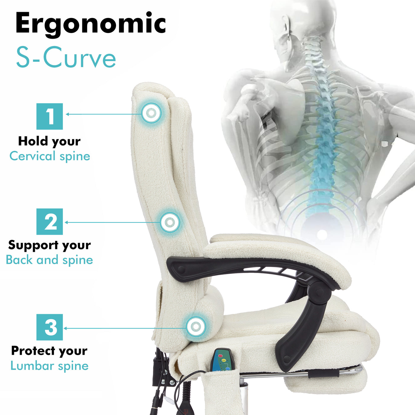 Massage office chair in white with ergonomic S-curve design.