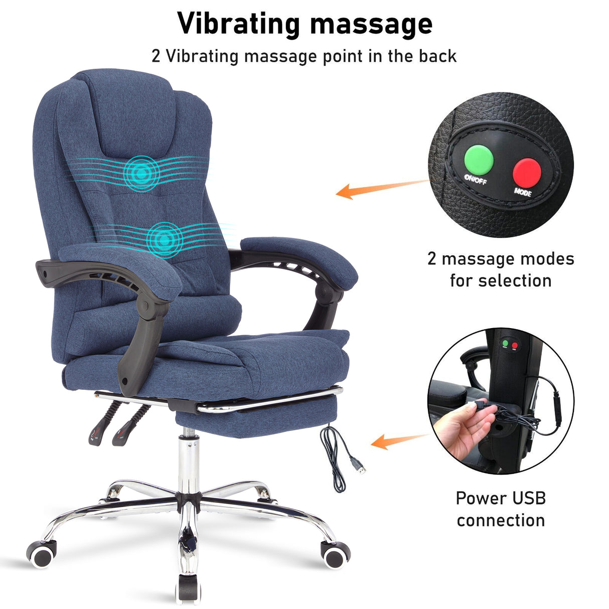 Massage office chair with heat and 2 vibrating massage points in the back for ultimate relaxation.