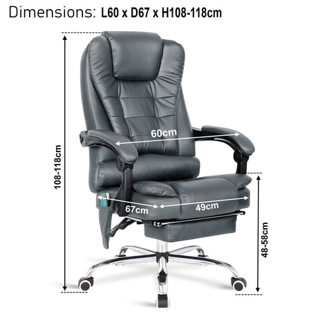 Massage office reclining chair with detailed chair dimensions for ergonomic support.