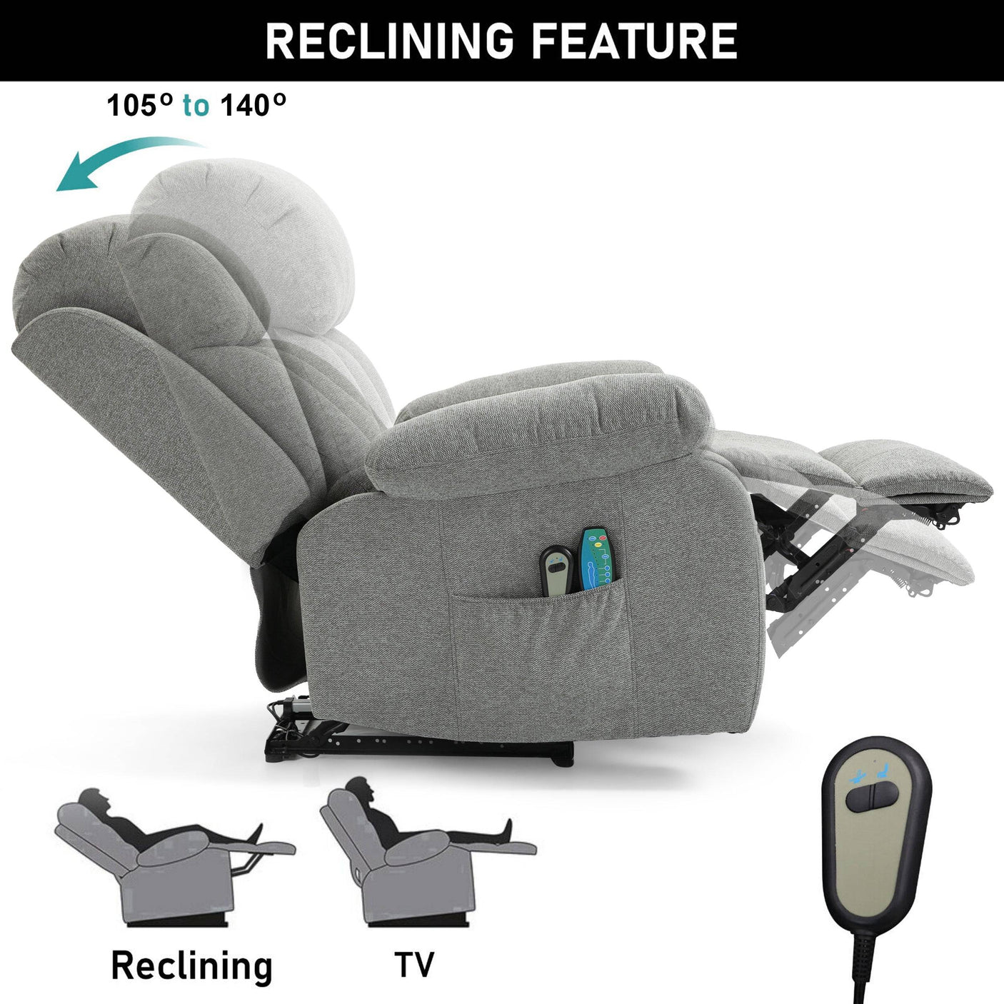 Reclining fabric armchair with adjustable backrest from 105° to 140°, perfect for TV watching or lounging. Comes with remote control.