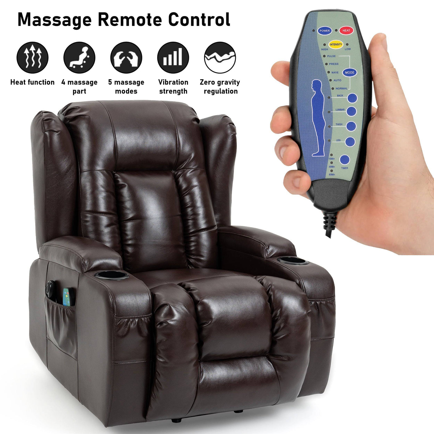Massage remote control for brown recliner chair with heat and vibration settings. Designed for senior comfort and ease of use.