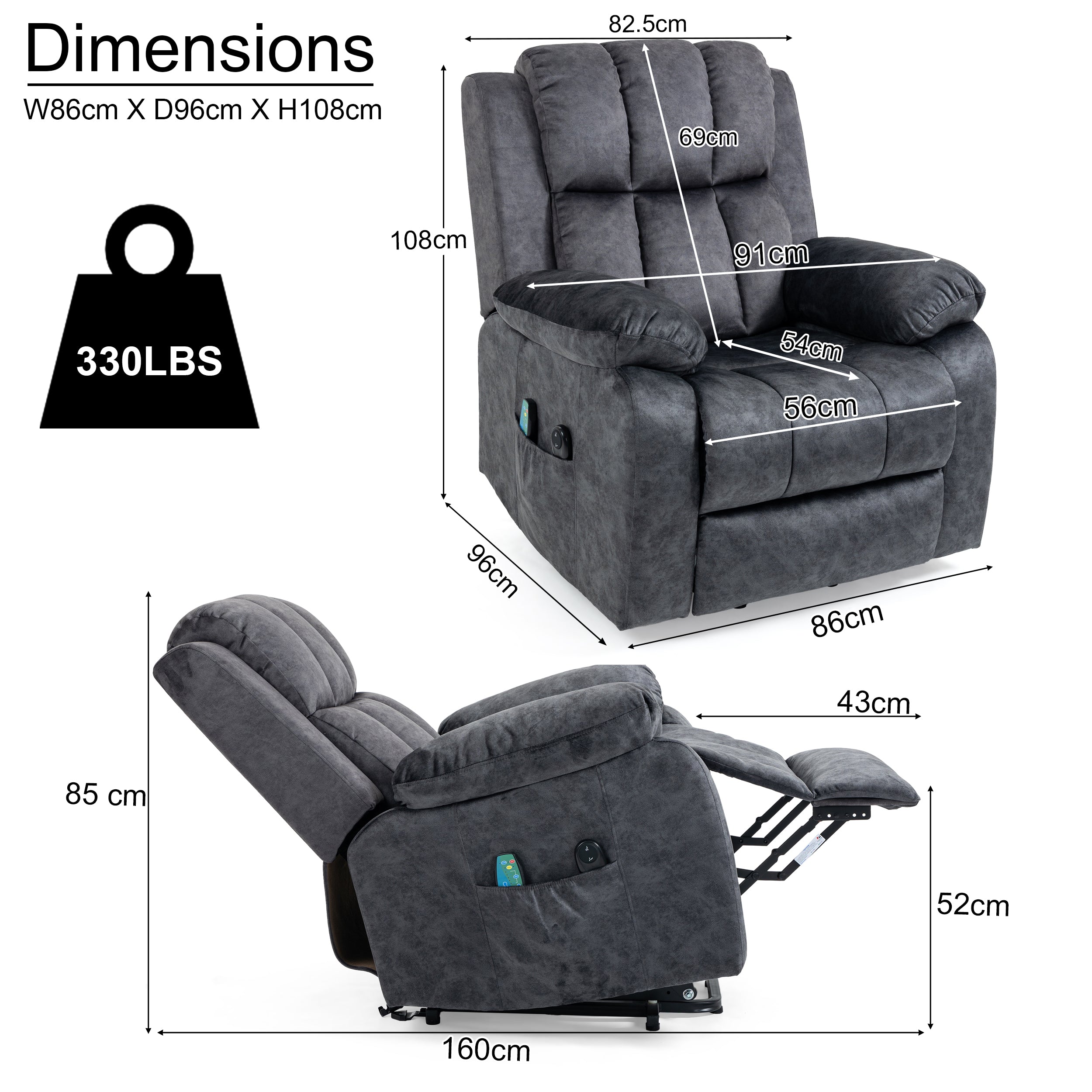 Dimensions of a massage armchair recliner with a 330 lbs weight capacity.