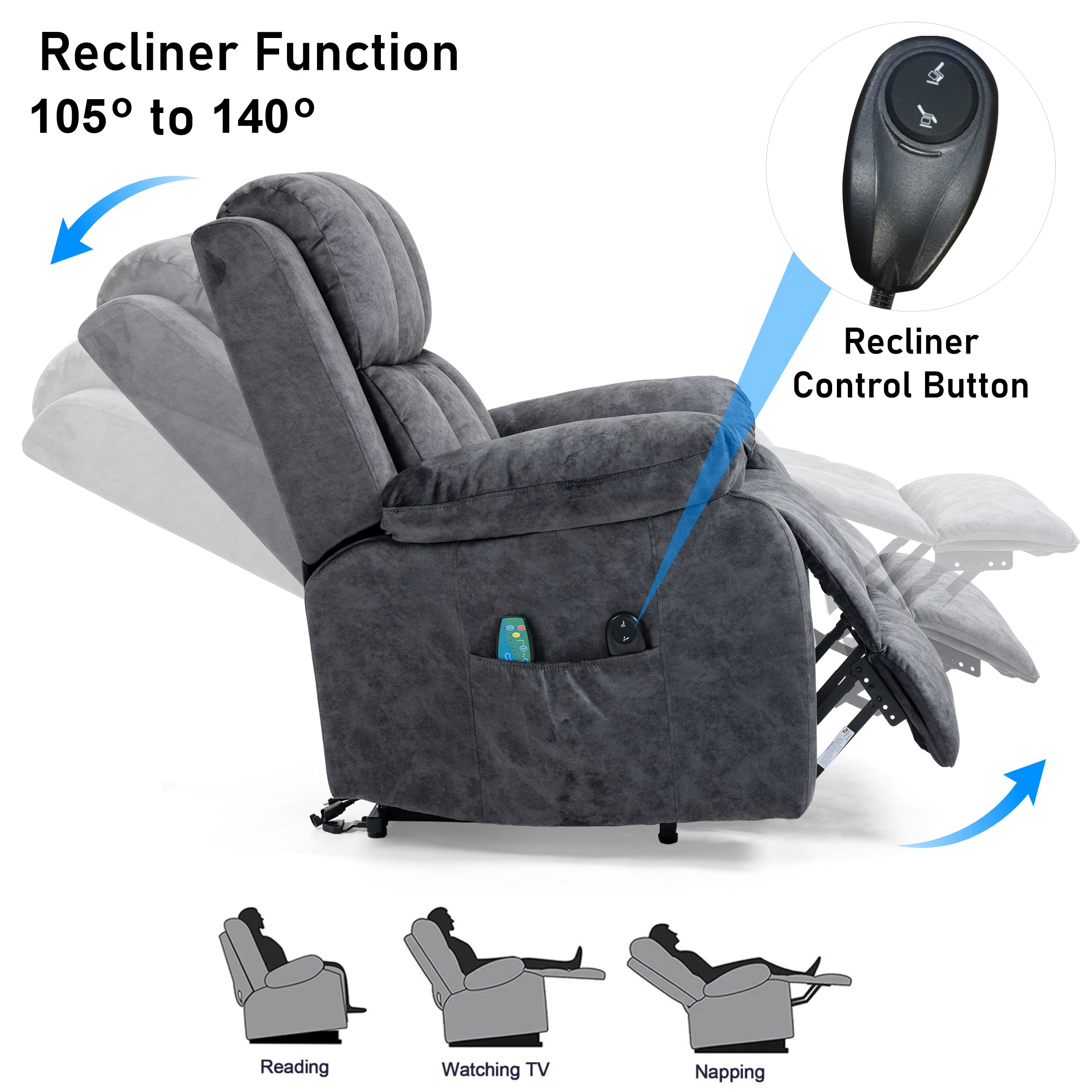 Dark grey massage recliner armchair with 105° to 140° reclining function, recliner control button.