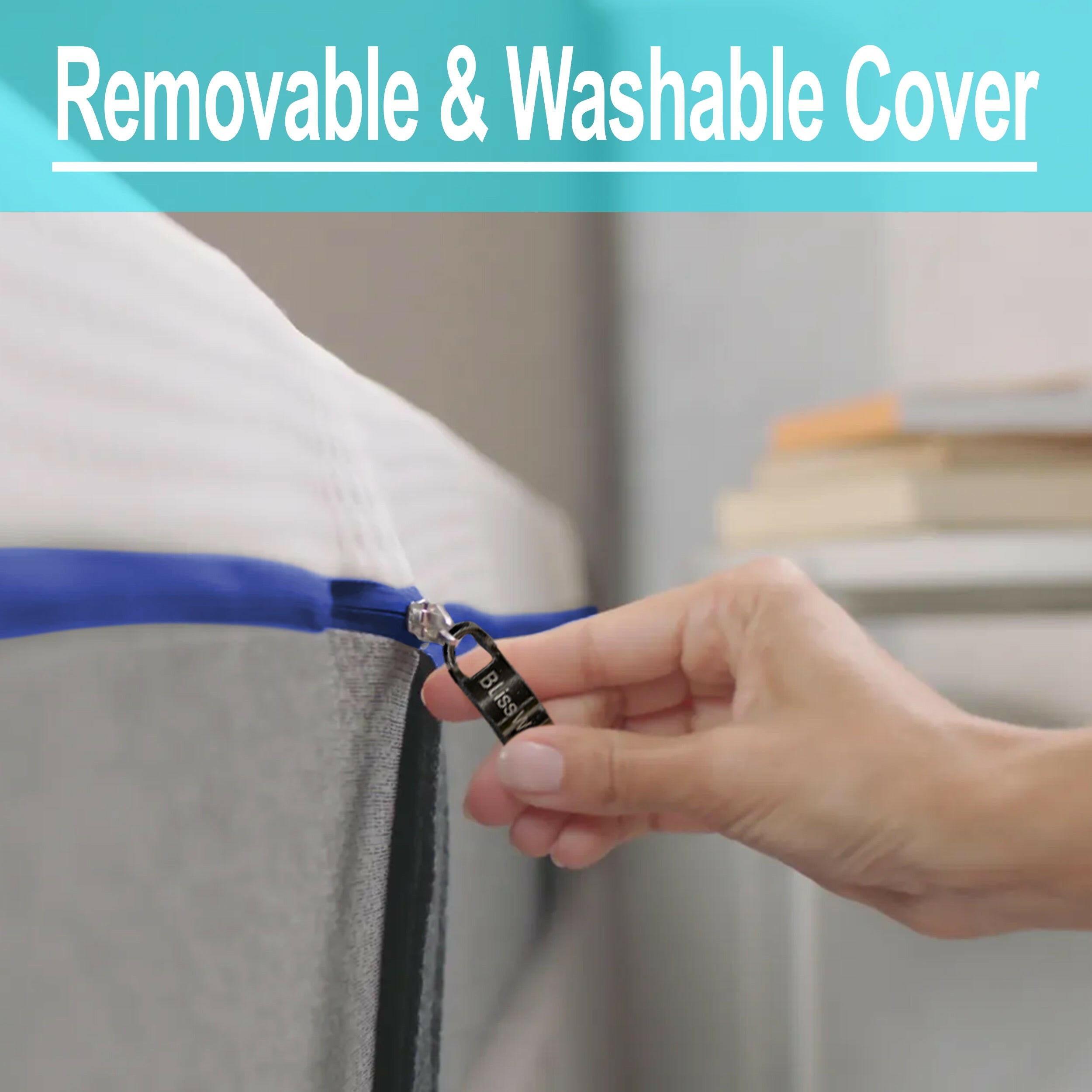 Hand unzipping the removable and washable cover of a Blisswood mattress topper single foam