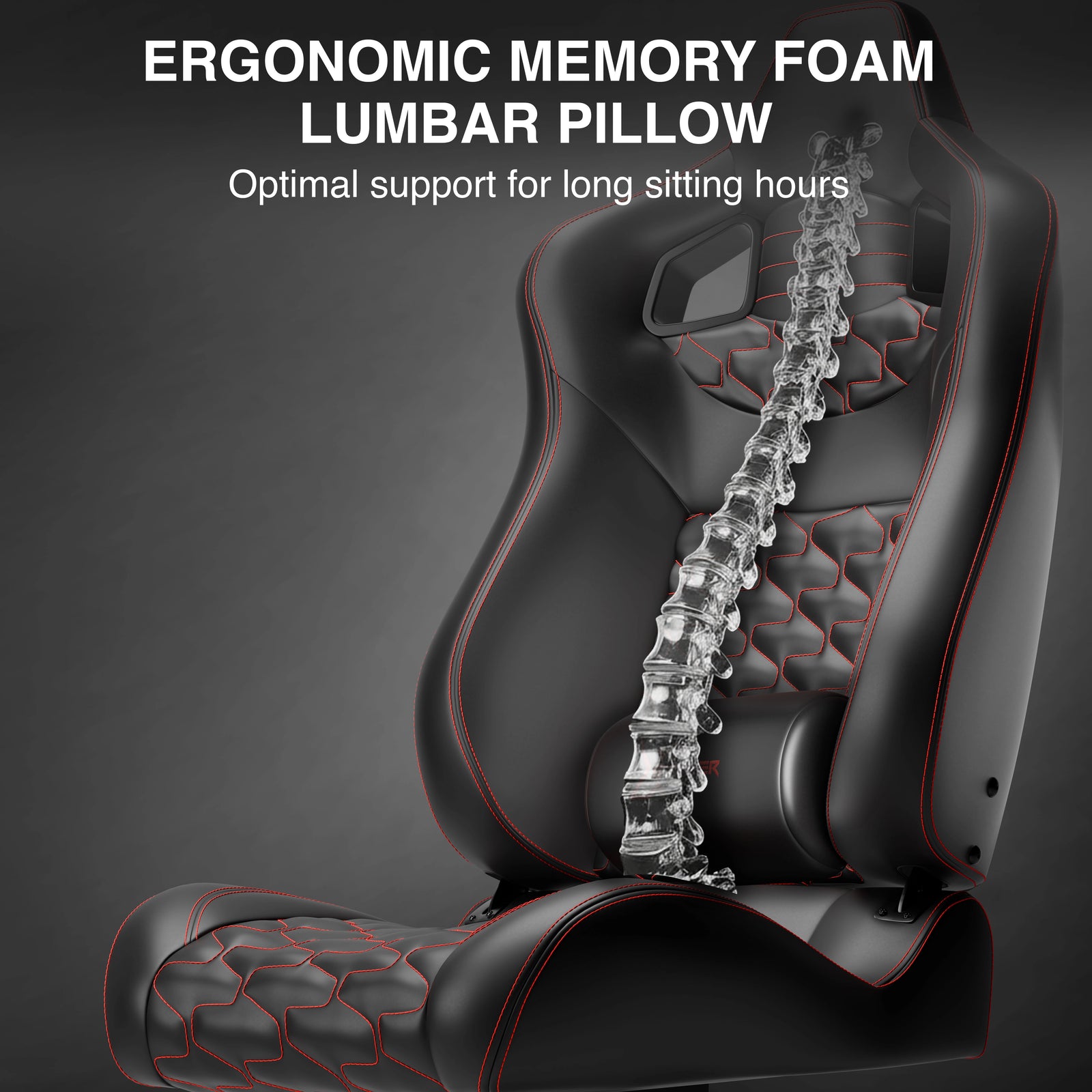 [Black] Ergonomic memory foam lumbar pillow with a spine model on a dark background