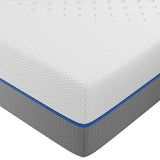 Cool Gel Memory Foam Mattress with  white top layer and grey base, featuring blue trim for enhanced airflow and comfort support.