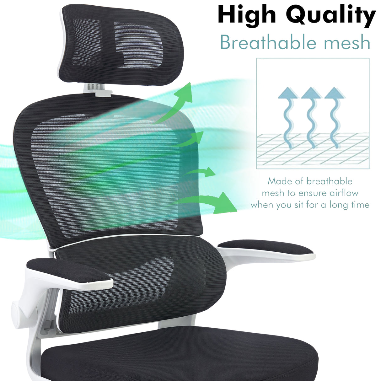 Black and white mesh office chair with adjustable headrest for ergonomic support