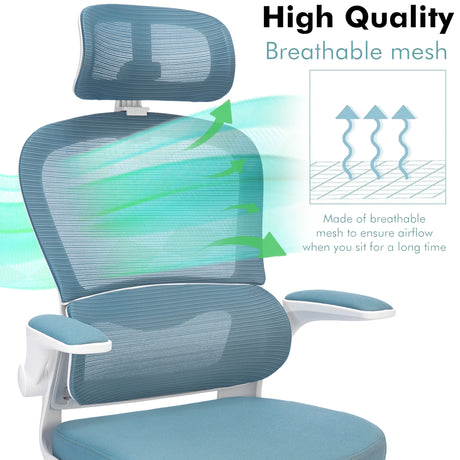 Mesh blue office chair with headrest, ergonomic design for breathable comfort and support.