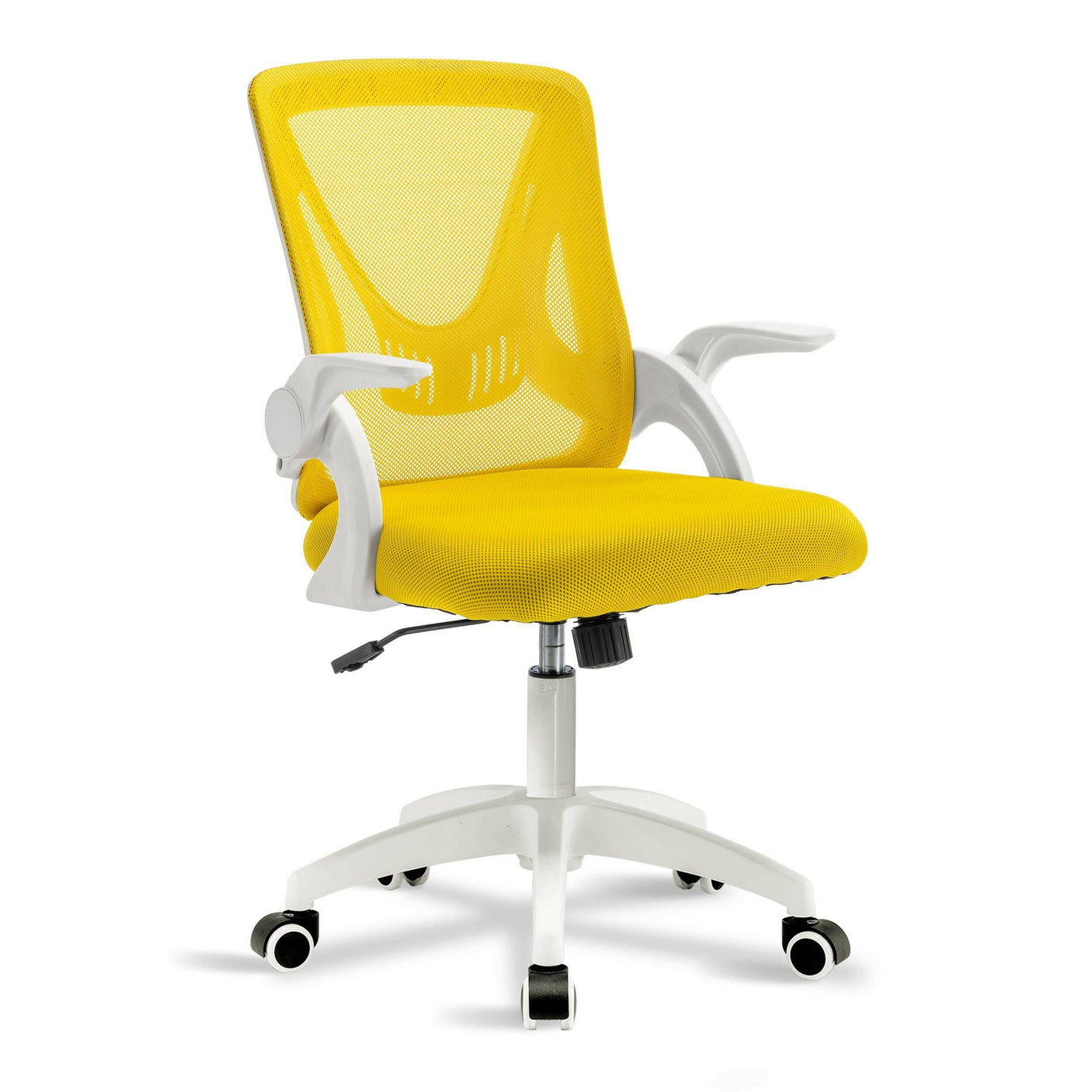 Comfortable mesh home office chair with yellow back and white armrests for ergonomic support.