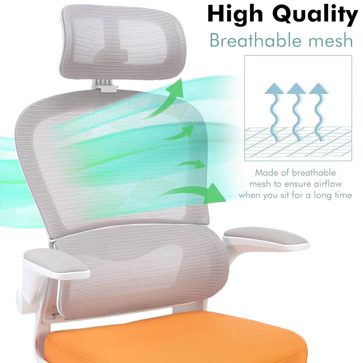 Mesh orange office chair with headrest, ergonomic design for comfort and support.