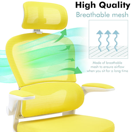 Mesh yellow office chair with headrest, ergonomic design for breathable comfort and support.