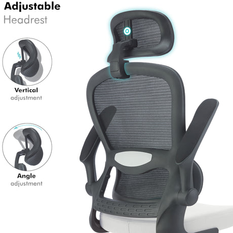 Ergonomic midback mesh office chair with adjustable headrest, vertical and angle settings.