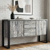 [Grey] Millwright industrial sideboard front view with two doors, two drawers, black iron legs, and hanging effect