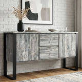 [Grey] Millwright industrial sideboard front view with two doors, two drawers, black iron legs, and hanging effect