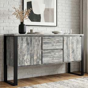 [Grey] Millwright industrial sideboard front view with two doors, two drawers, black iron legs, and hanging effect