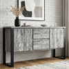 [Grey] Millwright industrial sideboard front view with two doors, two drawers, black iron legs, and hanging effect