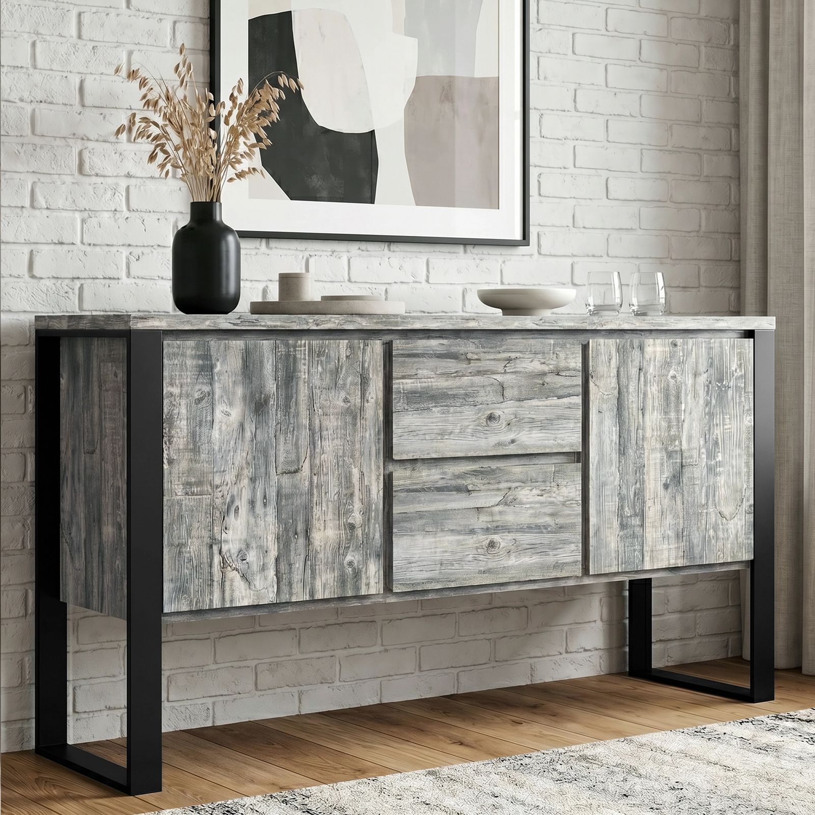 [Grey] Millwright industrial sideboard front view with two doors, two drawers, black iron legs, and hanging effect